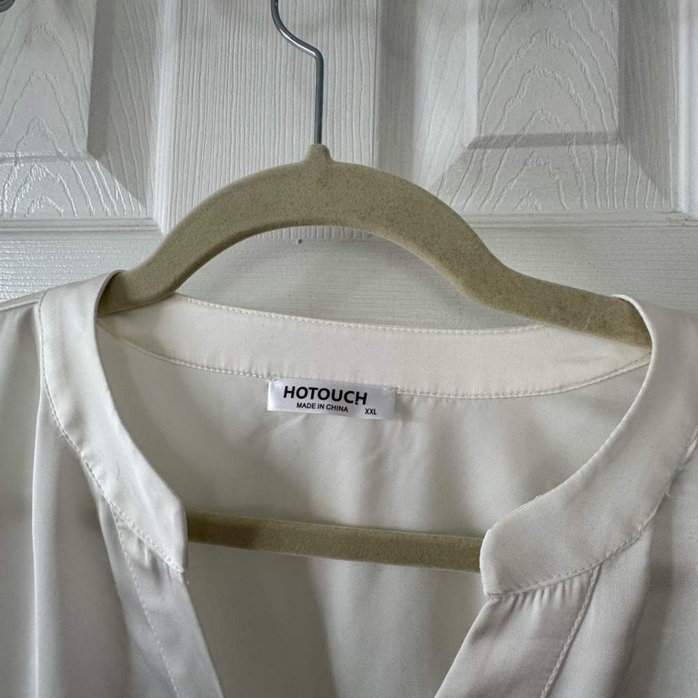 Cream Boxy Short Sleeve Blouse with Mandarin Collar - Picture 3 of 5